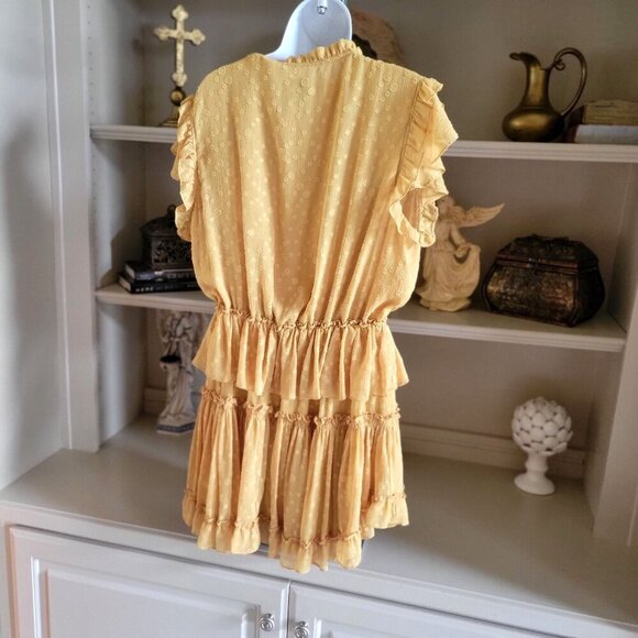 MISA Revolve Dress LILIAN Mini Yellow Safron Polka Dot Textured Ruffle L - Picture 6 of 9